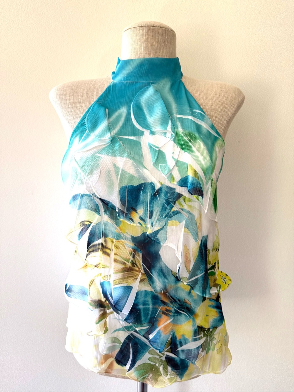 IZ Byer Y2K Tropical Lily Halter Top Blouse Teal Blue Yellow Mock Neck Size S - Picture 5 of 12